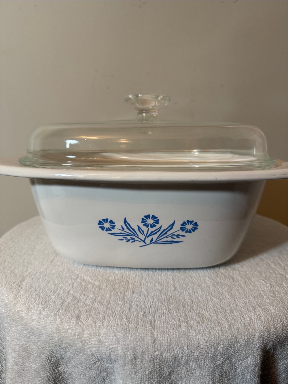 Vintage CorningWare Dutch Oven with the iconic blue floral pattern